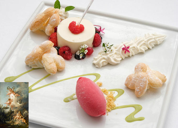 [Dessert]
White chocolate mousse with raspberry sorbet and pistachio crème anglaise
