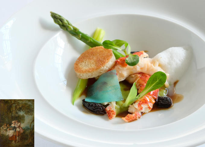 ［Starter]
Homard poché, purée d’asperges vertes, sauce madère, morilles
