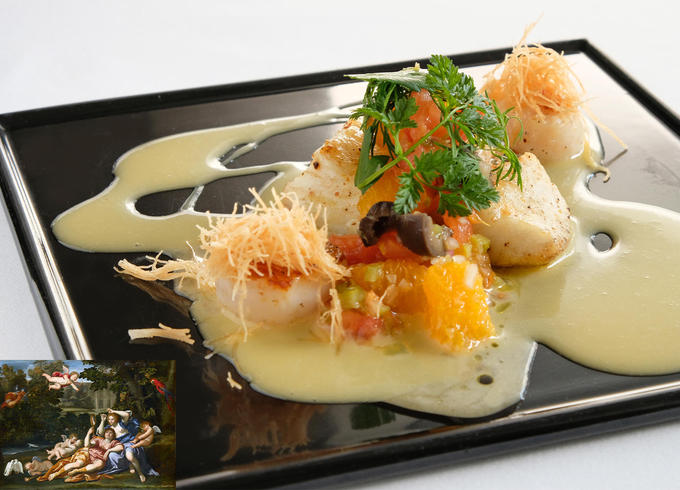 ［Fish]
Filet de bar et Saint-Jacques poêlés, salade d’oranges et de tomates, beurre blanc à l’orange
